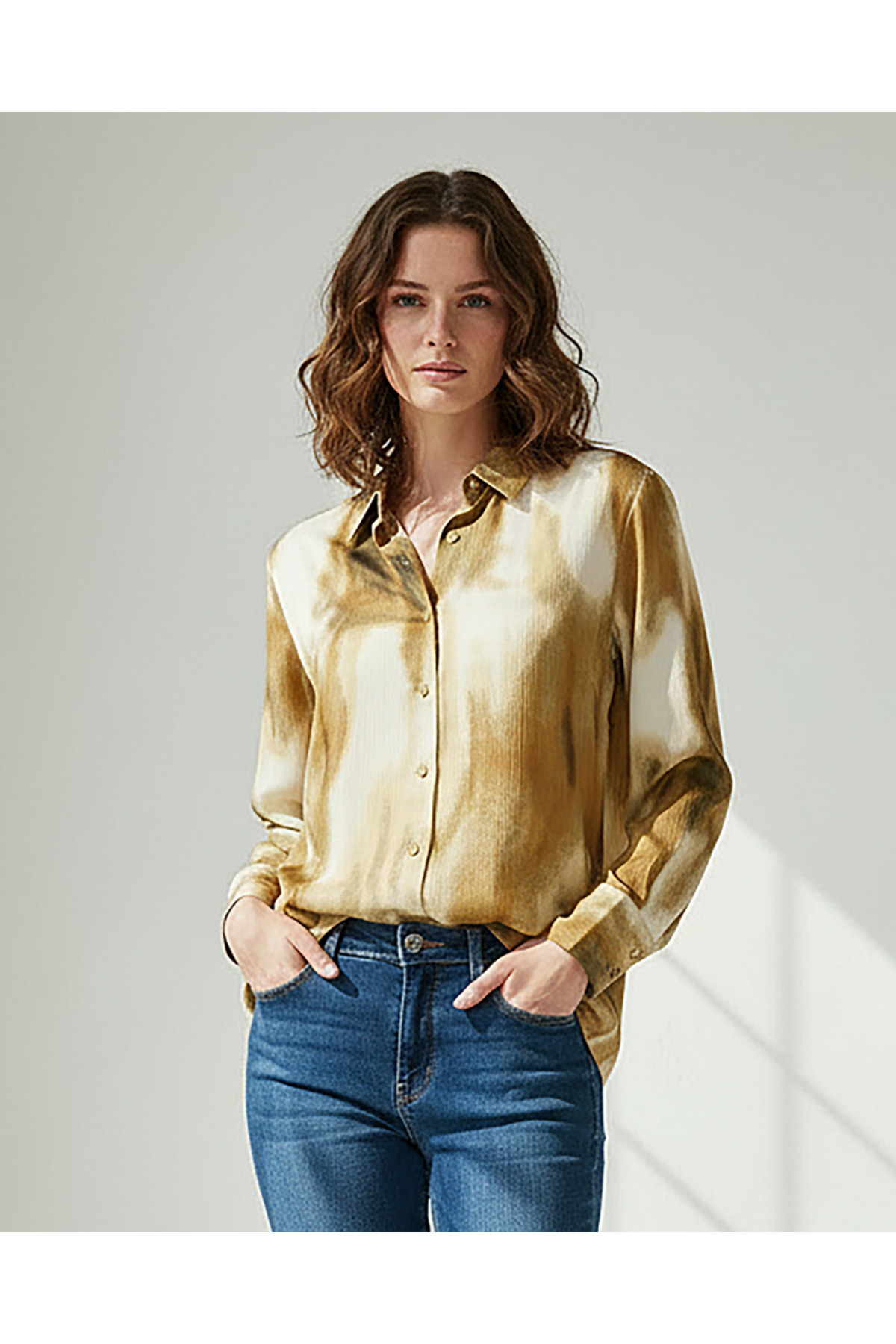 REDTAG Women Gold Printed Satin Long Sleeve Shirt