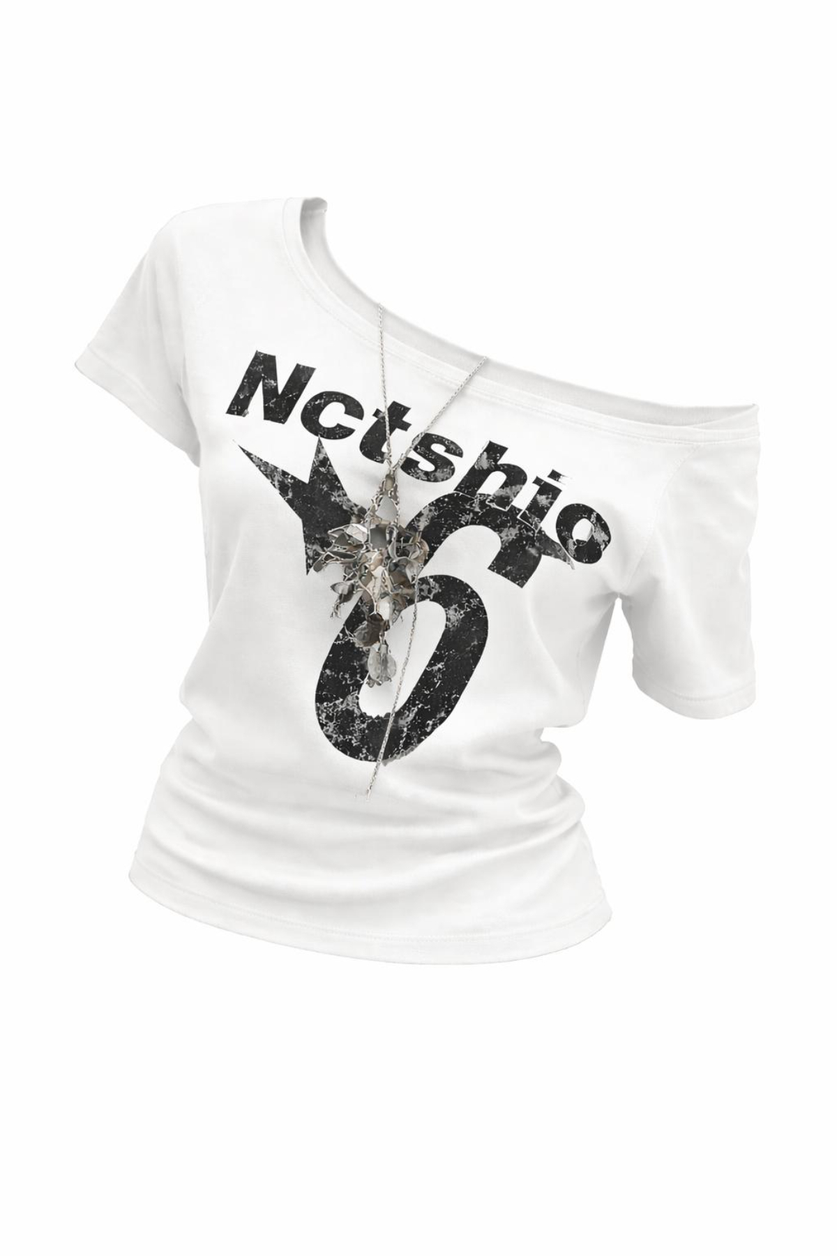 Low Shoulder Boat Neck Detail All Star No 6 Printed 100% Cotton T-Shirt