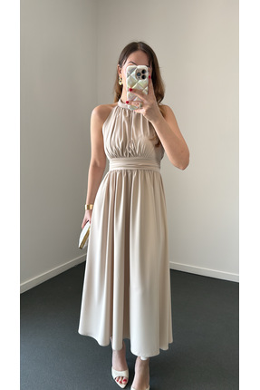 Narferita Riposa Halter Yaka Drapeli Maxi Elbise