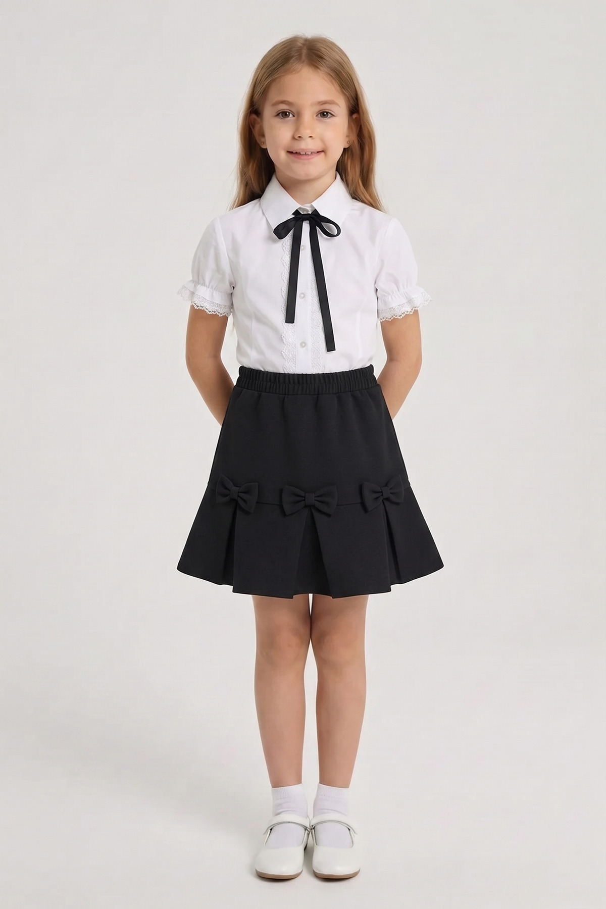 Girls Black Bow Lace Embroidered Shirt Black Ribbon Skirt Set April 23