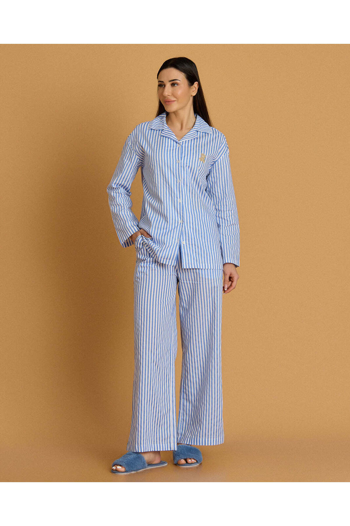 REDTAG Women Blue Striped Pyjama Set