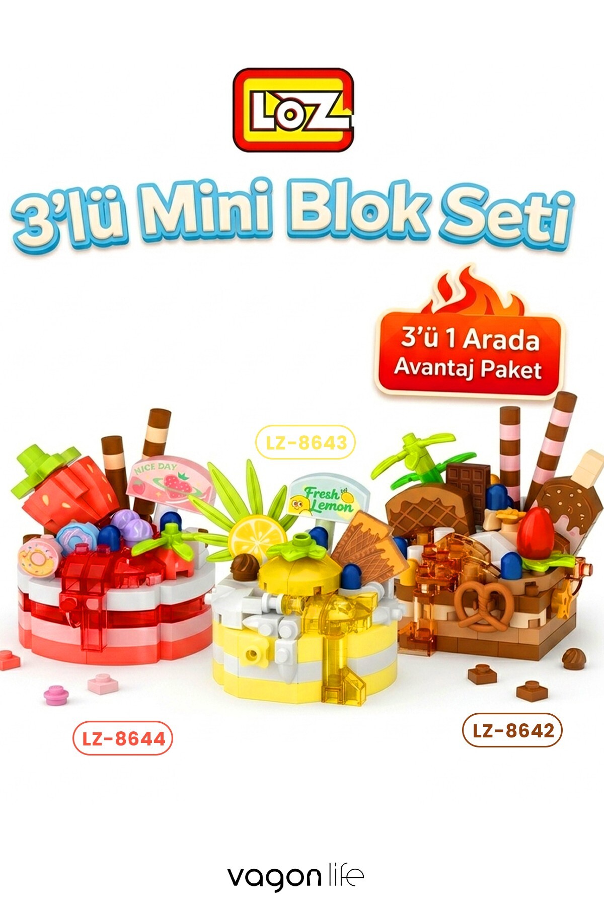 Vagonlife Loz Micro Block 3'lü Pasta Figürü 3 Farklı Model