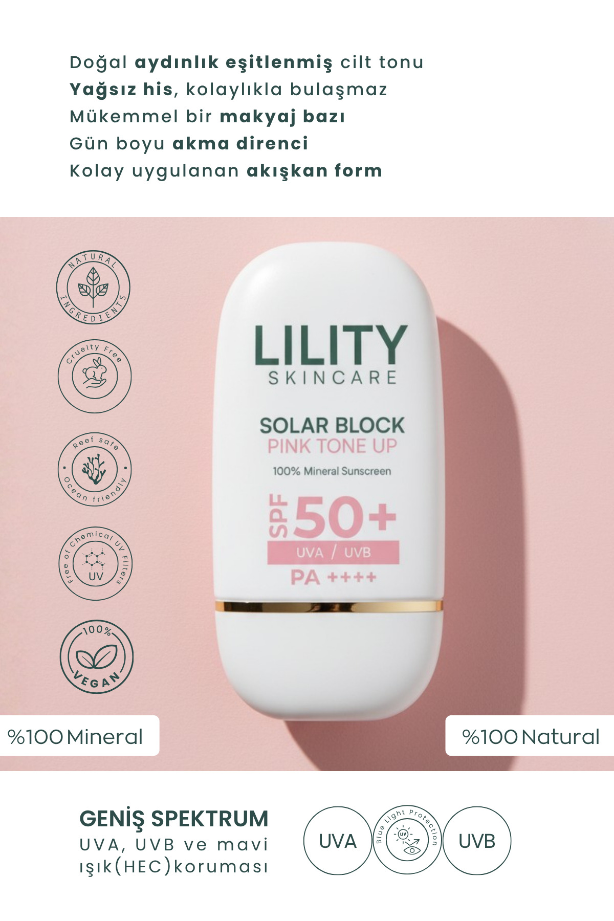 Solar Block Pink Tone Up Ton Eşitleyici & Aydınlatıcı %100 Mineral Güneş Kremi 50 ml — LU001 — تصویر 2 از 8