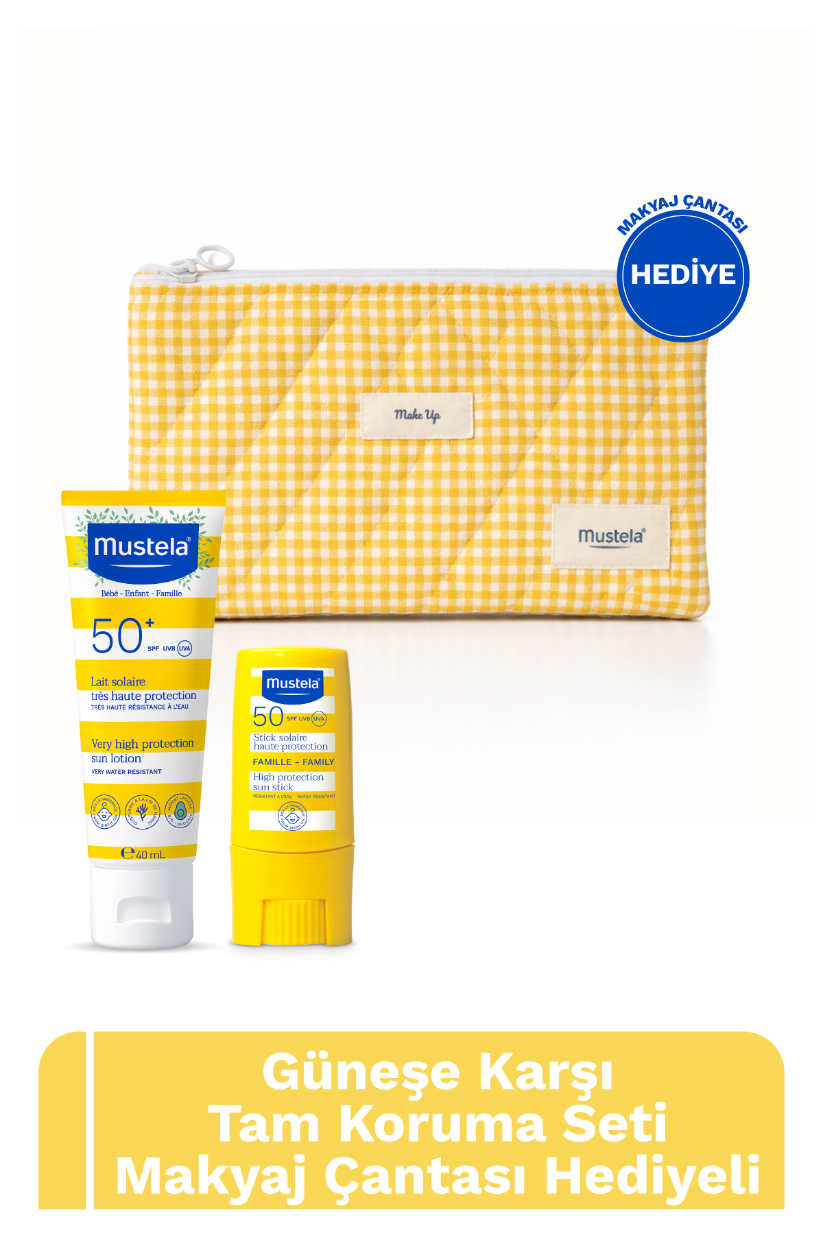 Mustela Güneşe Karşı Tam Koruma Seti SPF 50+ Güneş Losyonu 40 ml ve Stick 9 ml - Makyaj Çantası Hediyeli — SET.MST.115