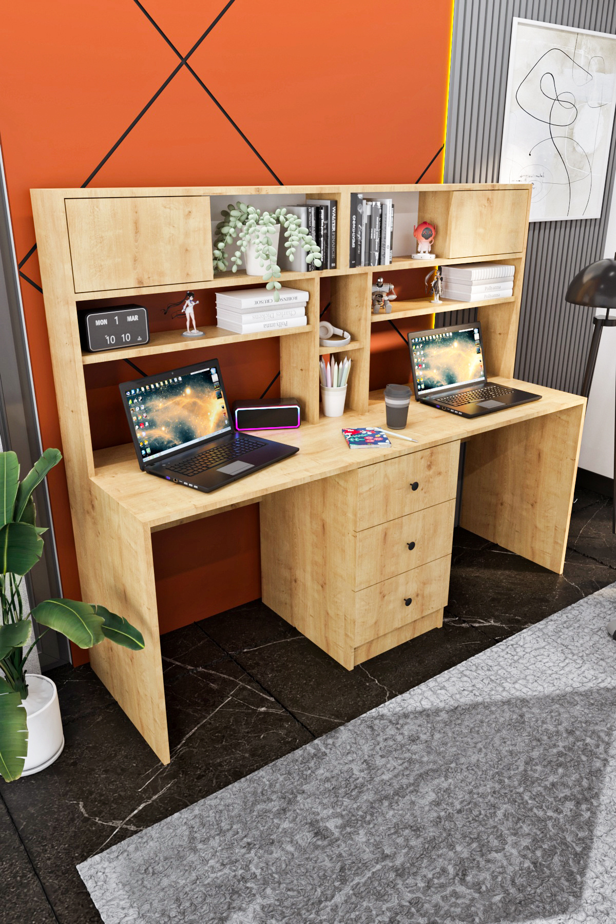 LSISTEM 2段 Ases Mobilya Ases Ela222 İki Kişilik Raflı 3 Çekmeceli Çalışma
