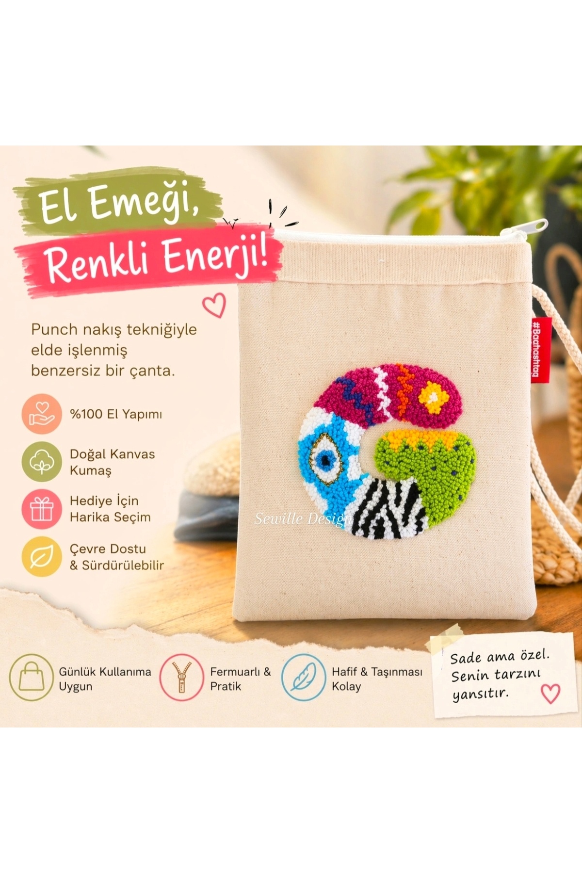 Sewille Design Hand Made Punch Harf İşlemeli Çapraz Askılı Bez Çanta