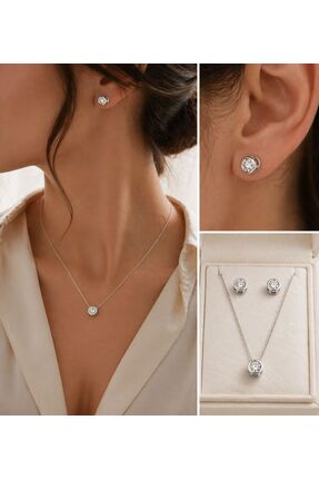 Metay Silver Zirkon Tektaş Pırlanta Modeli Hediyelik Küpe Ve Kolye 925 Ayar G...