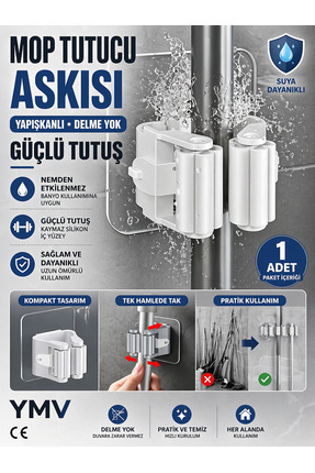 YMV Yapışkanlı Mop Tutucu Duvar Askısı Pratik Süpürge Fırça Organizer Delmede...