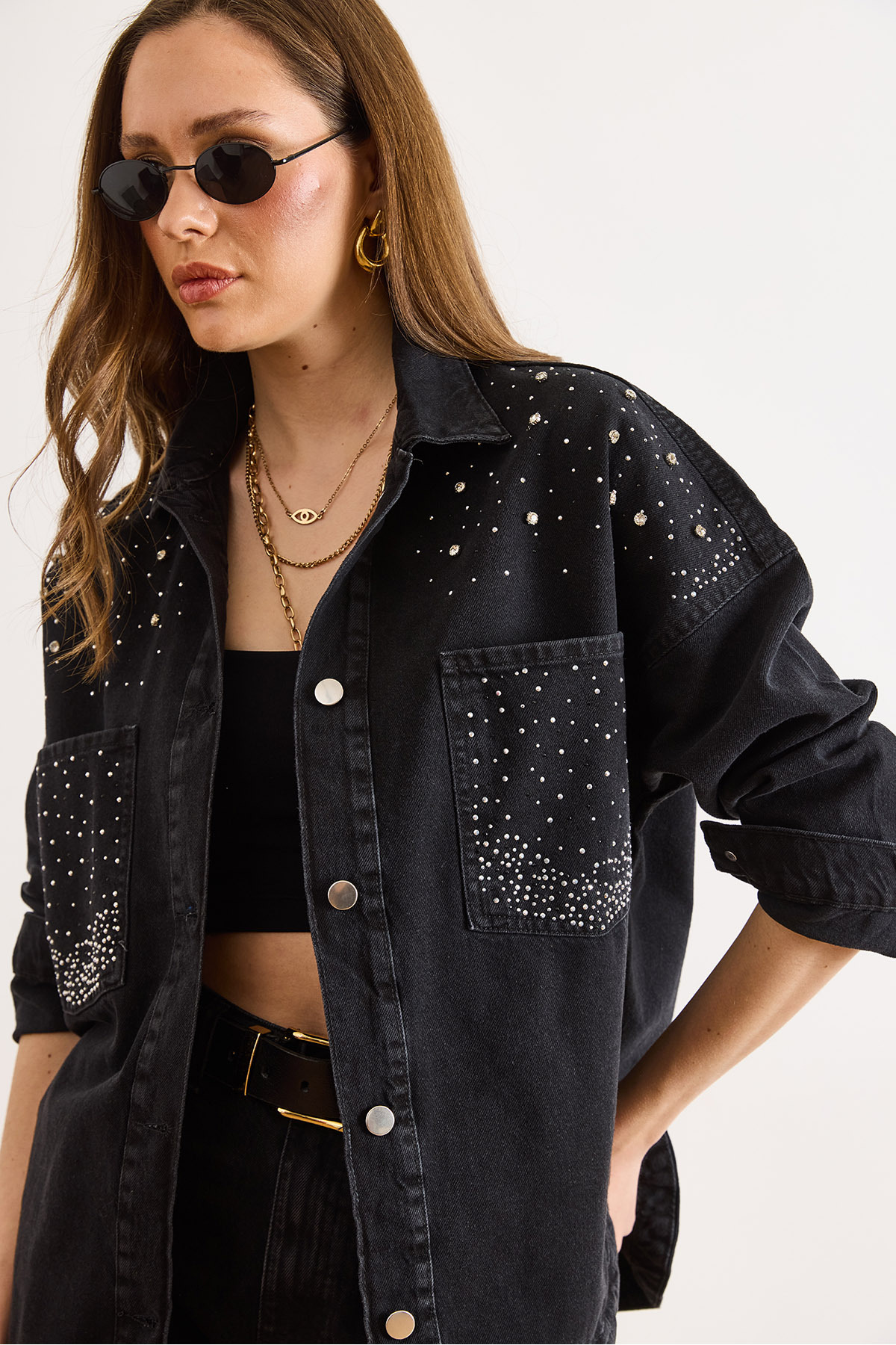 Olalook  Kadın Siyah Boncuk ve Taş Detaylı Oversize Denim Ceket CKT-19000433 - Görsel 4