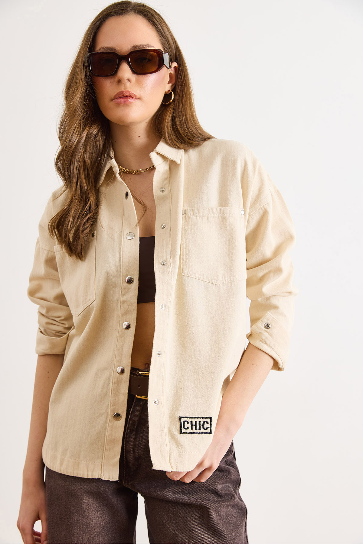 Olalook Kadın Krem Nakışlı Gabardin Gömlek GML-19001449