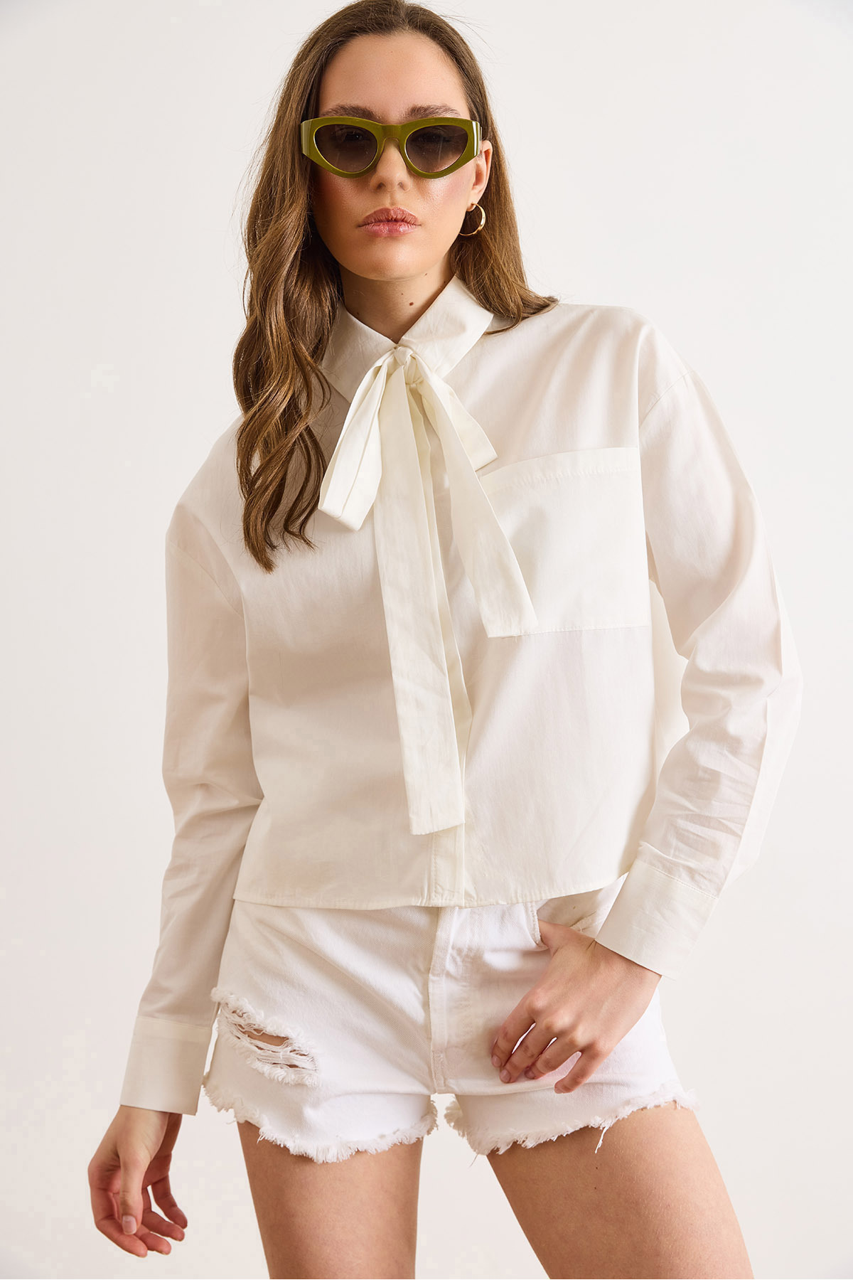 Olalook Women's White Cotton Shirt with Halter Neck Detail Gml-19001446