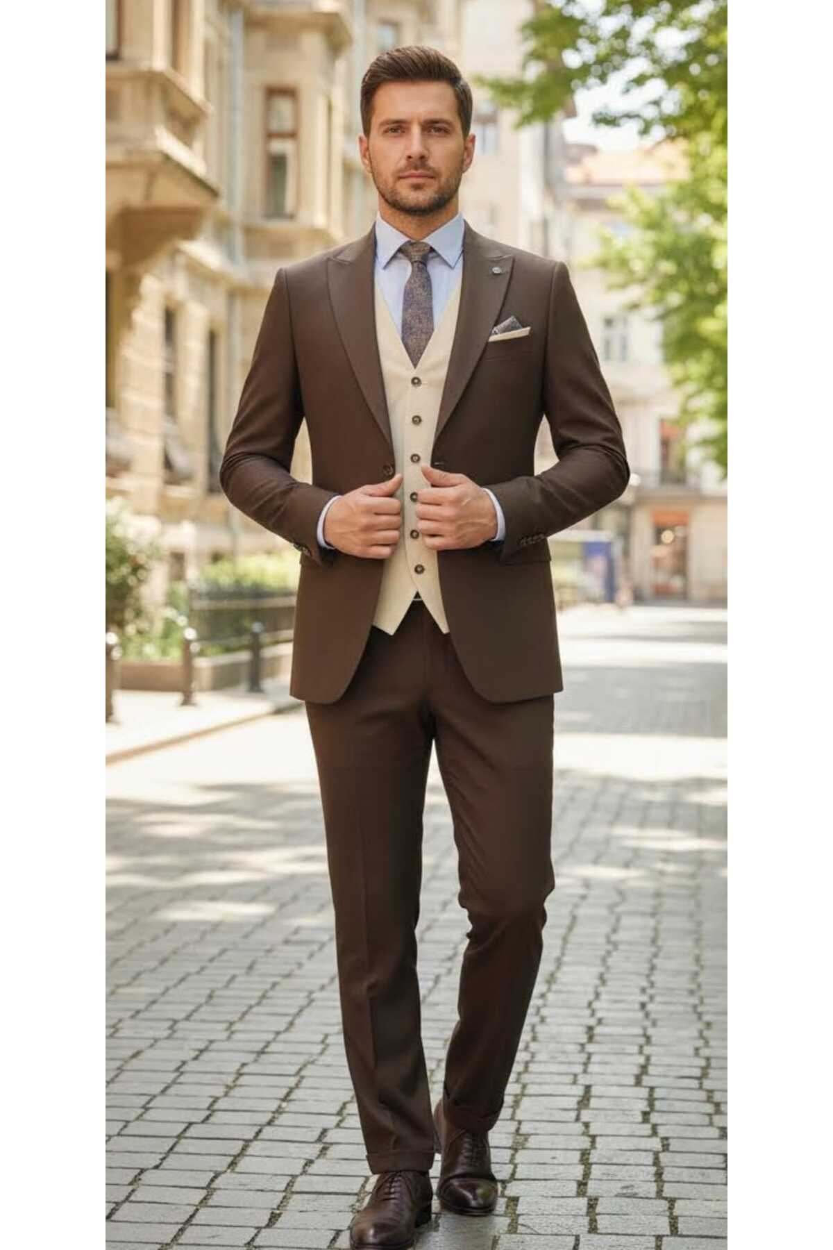 YENİ SEZON KENDİNDEN DESENLİ SLİM FİT KESİM ÇİFT YIRTMAÇLI YELEĞİ ÇİFT TARAFLI ERKEK TAKIM ELBİSE — قهوه‌ای 4982