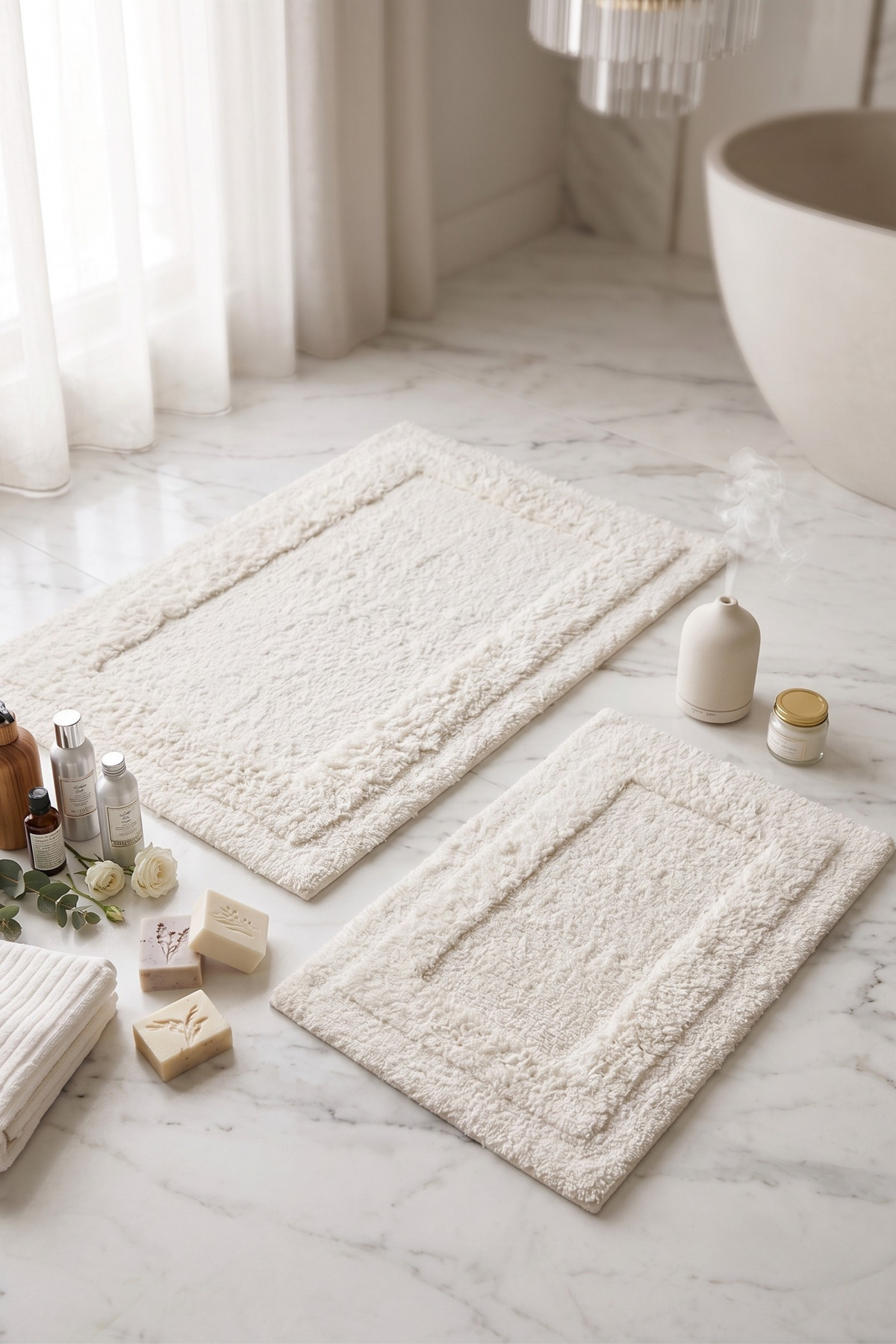 Riviera 100% Cotton, Hand-Woven 2-Piece Bath Mat Ecru 40x60+60x90