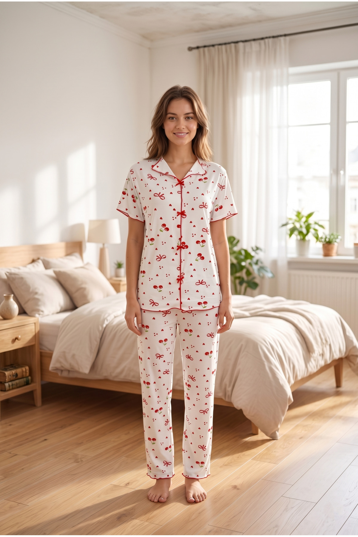 Women's Red Pattern Soft Soft Silky Texture Comfortable Fit Short Sleeve Pajamas Set