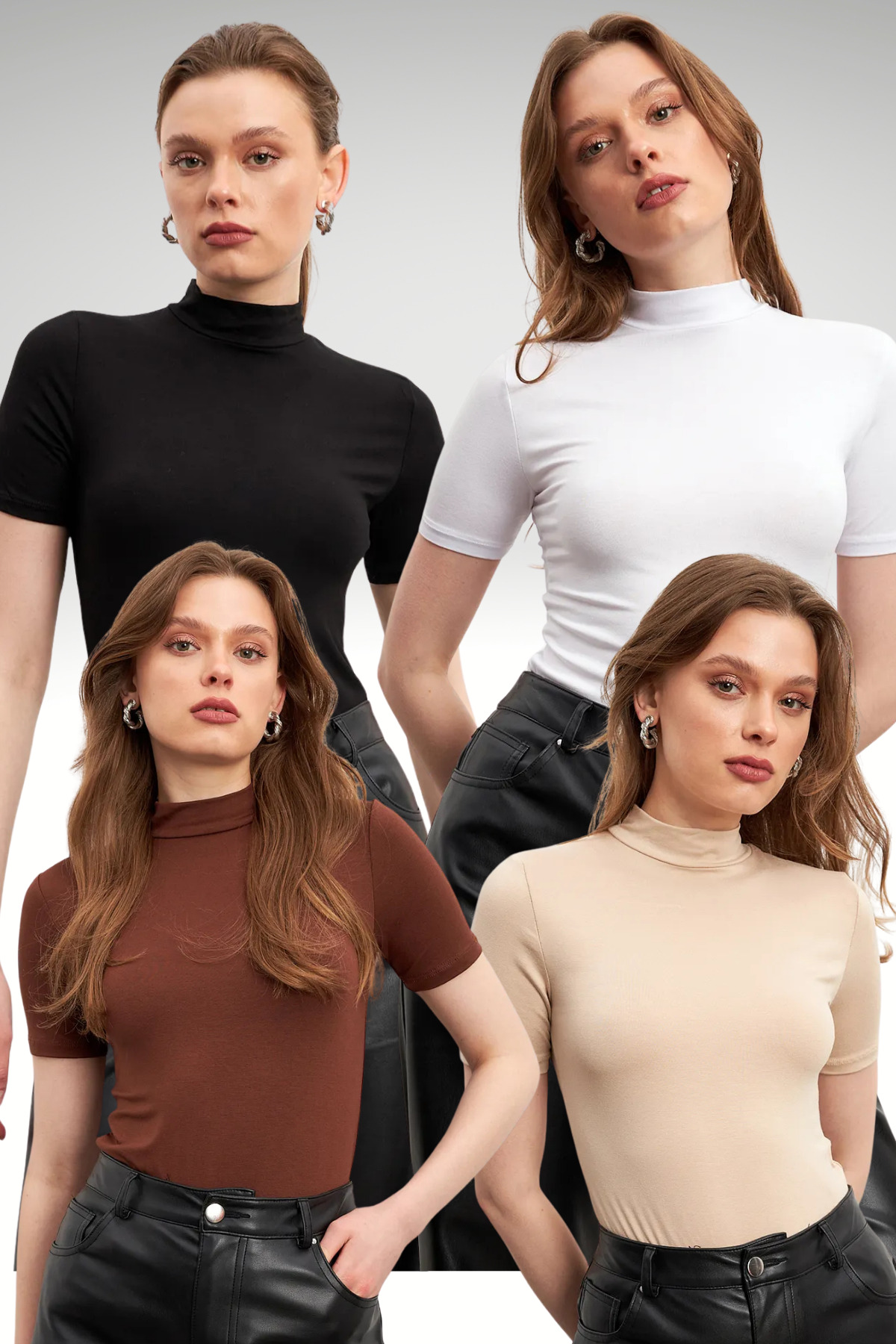 Women's Black White Cream Bitter Coffee 4-Pack Short Sleeve Blouse