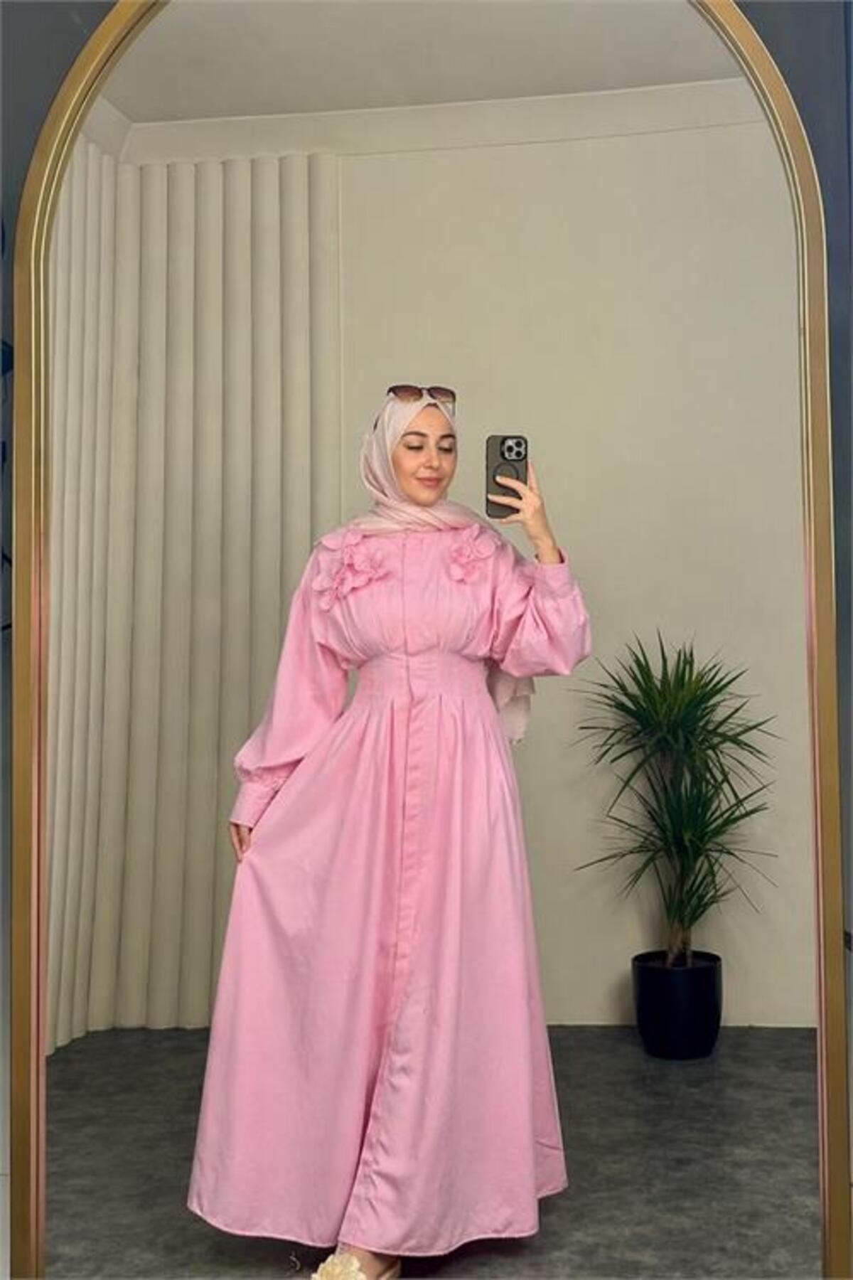 Neşeli Butik Women's Pink Belted Floral Detailed Premium Hijab Dress Nbvq4933