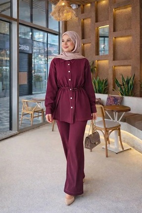 02Lady Fashion Düğme Dikiş Detaylı Kuşaklı Gömlek Yaka İkili Takım