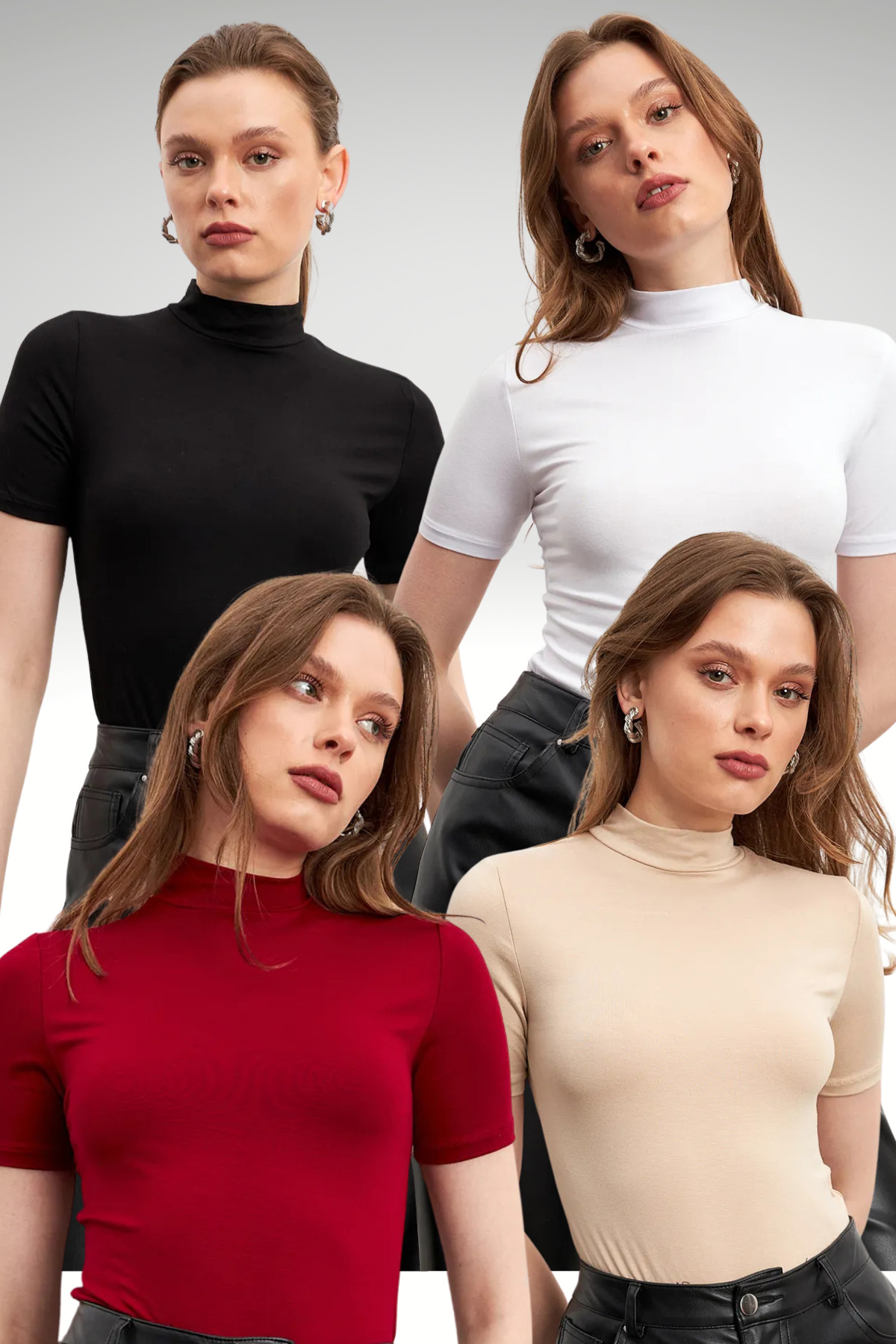 Women's Black White Cream Claret Red 4-Pack Short Sleeve Blouse