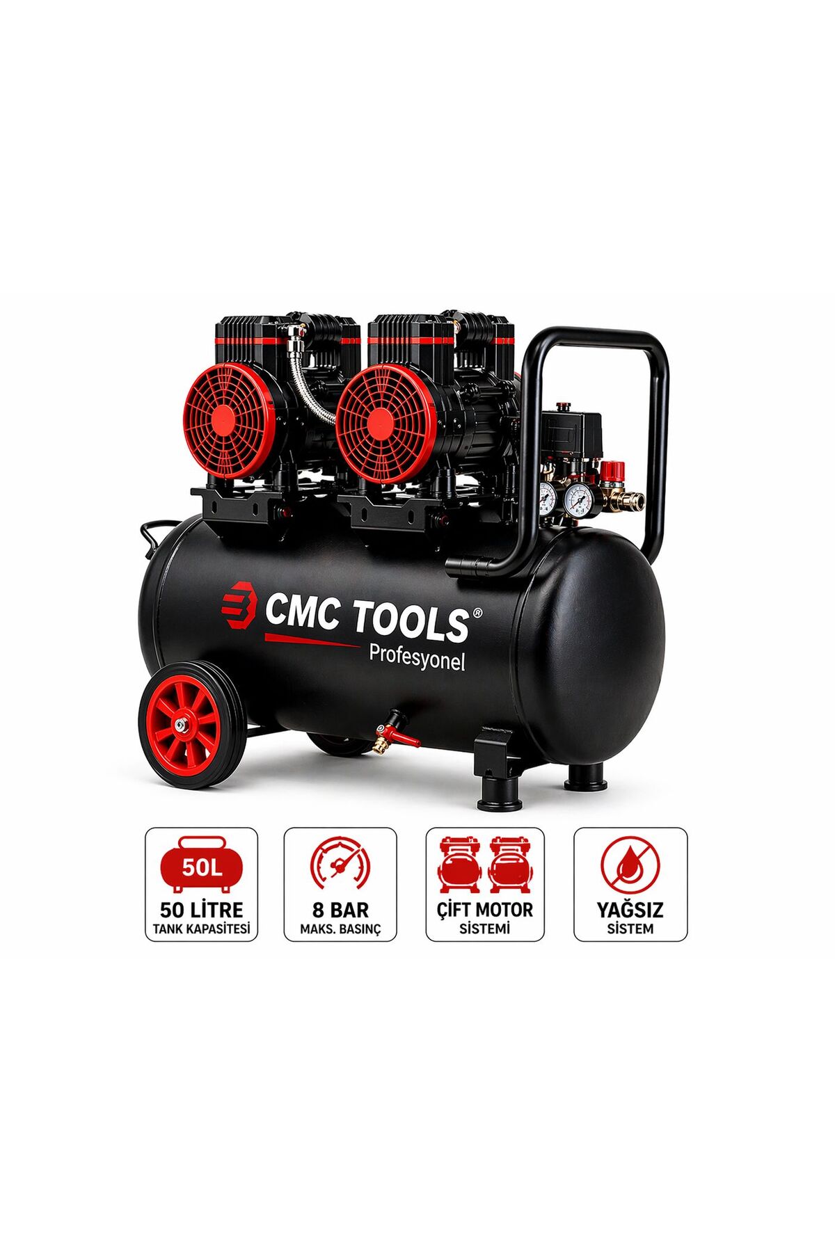 Mt.H　エアコンディショナー CMC Tools 50 LT Sessiz Yağsız Hava Kompresörü 4 HP 8 Bar Çift