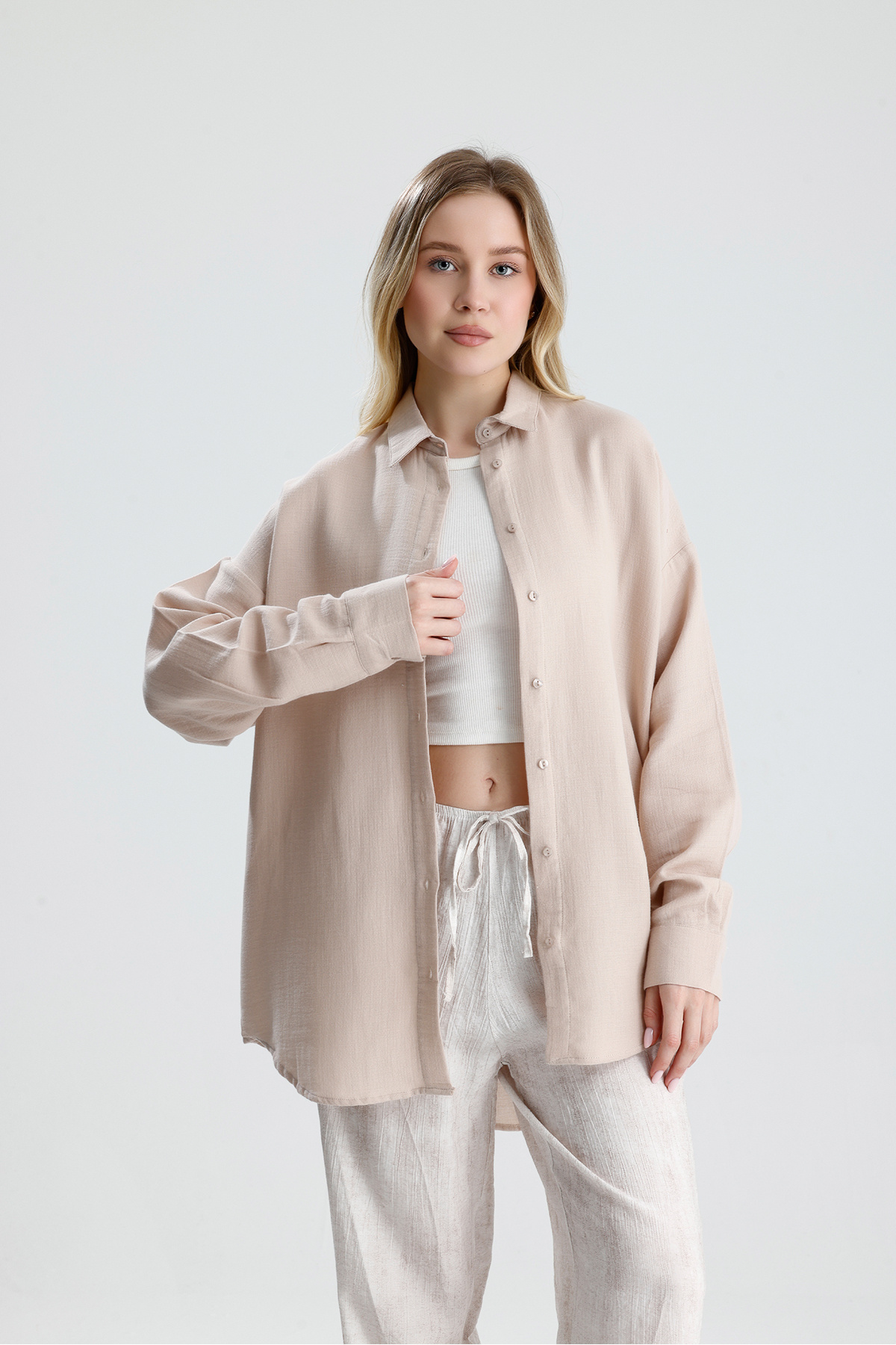 Yıkamalı %100 pamuk Müslin Oversize Gömlek - Bej | MKS165030-01