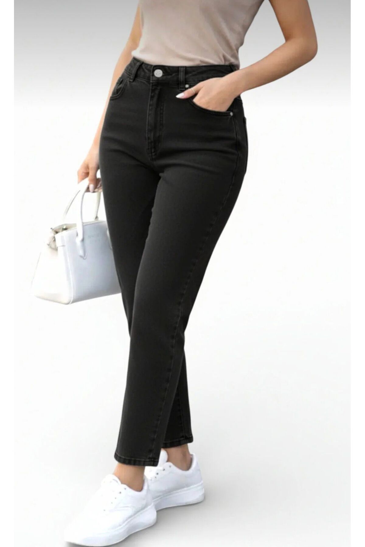 ON KLEEM Yüksek Bel SİMSİYAH Mom Boyfriend Kadın Jeans Pantolon l Rahat Kalıp l Denim l SİYAH görsel 5