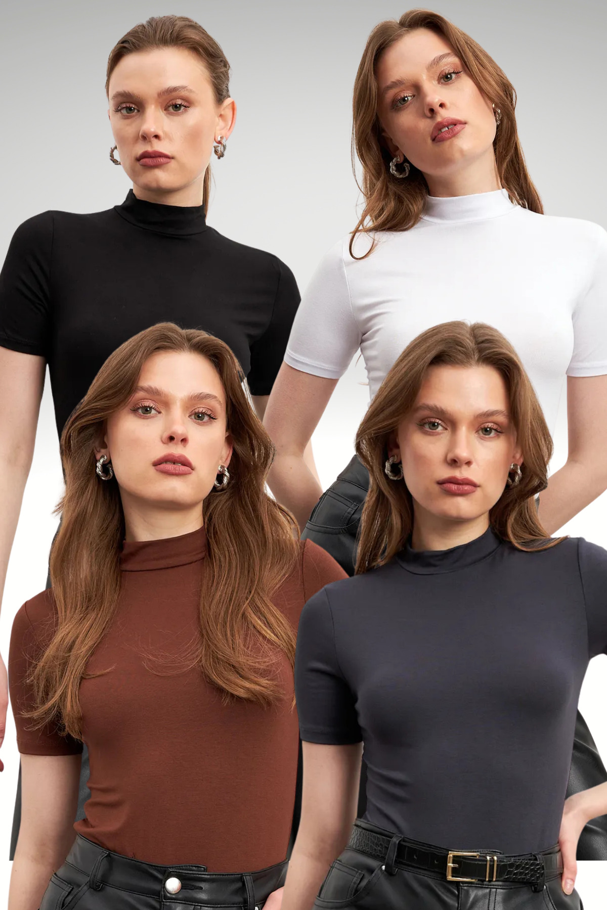 Women's Black White Bitter Coffee Anthracite 4-Pack Short Sleeve Blouse