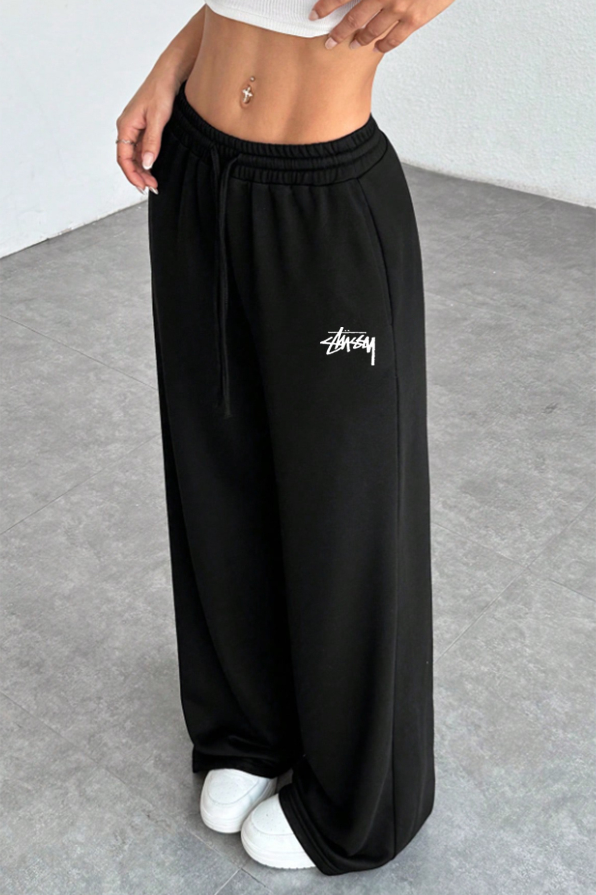 THE RULE Stüssy Baskılı Siyah Bol Paça Yazlık Baggy 3 İplik Esnek Rahat Eşofman Altı RF0673 görsel 2