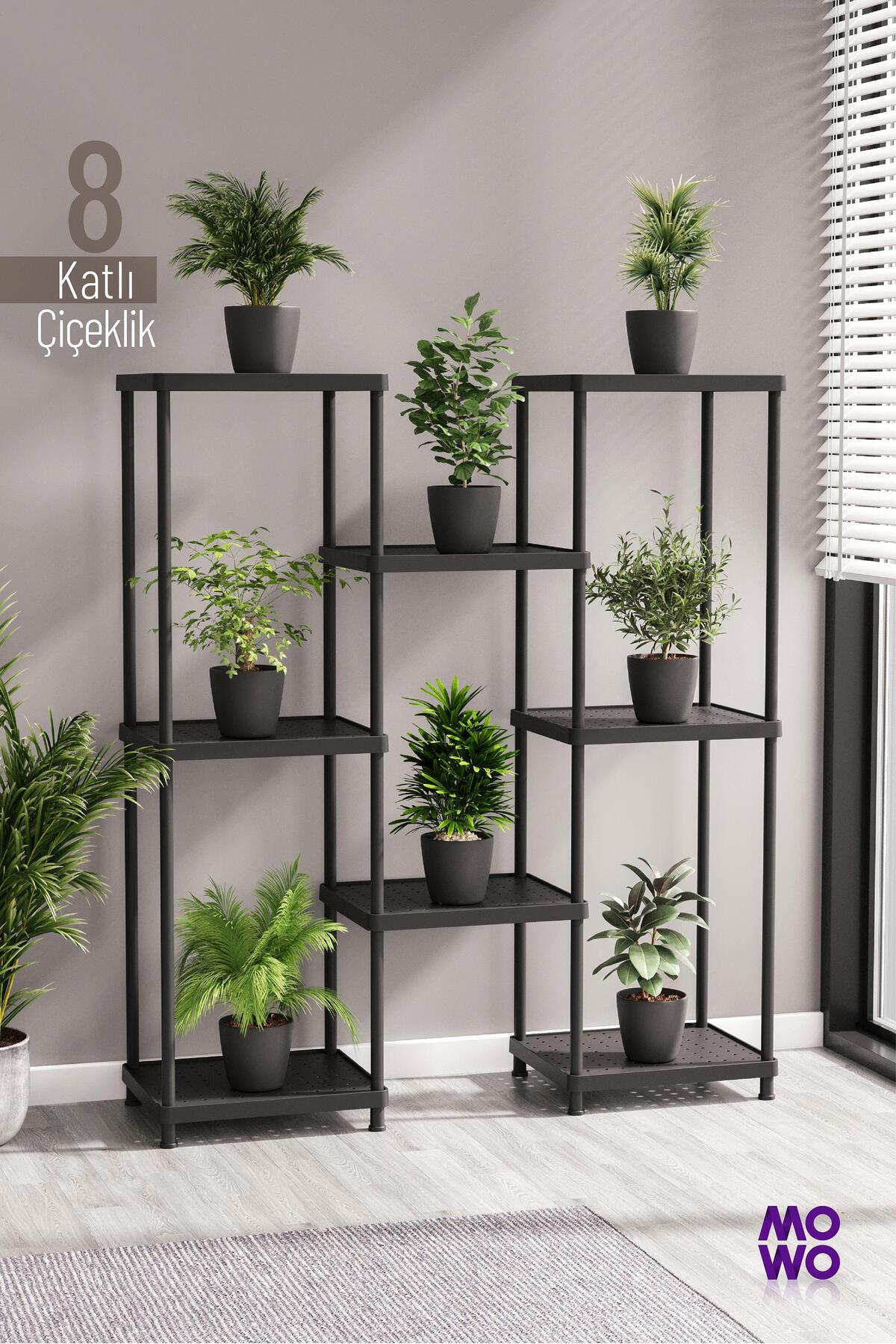 8-Tier Black Flower Pot Decorative Flower Pot Stand Balcony Terrace Living Room Flower Pot Shelf 40x33 cm