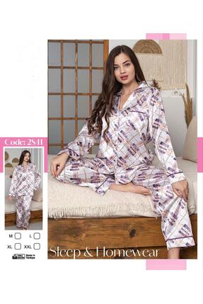 Hoppa Modam Kadın Lüks Saten Düğmeli Uzun Kollu Pijama Takımı
