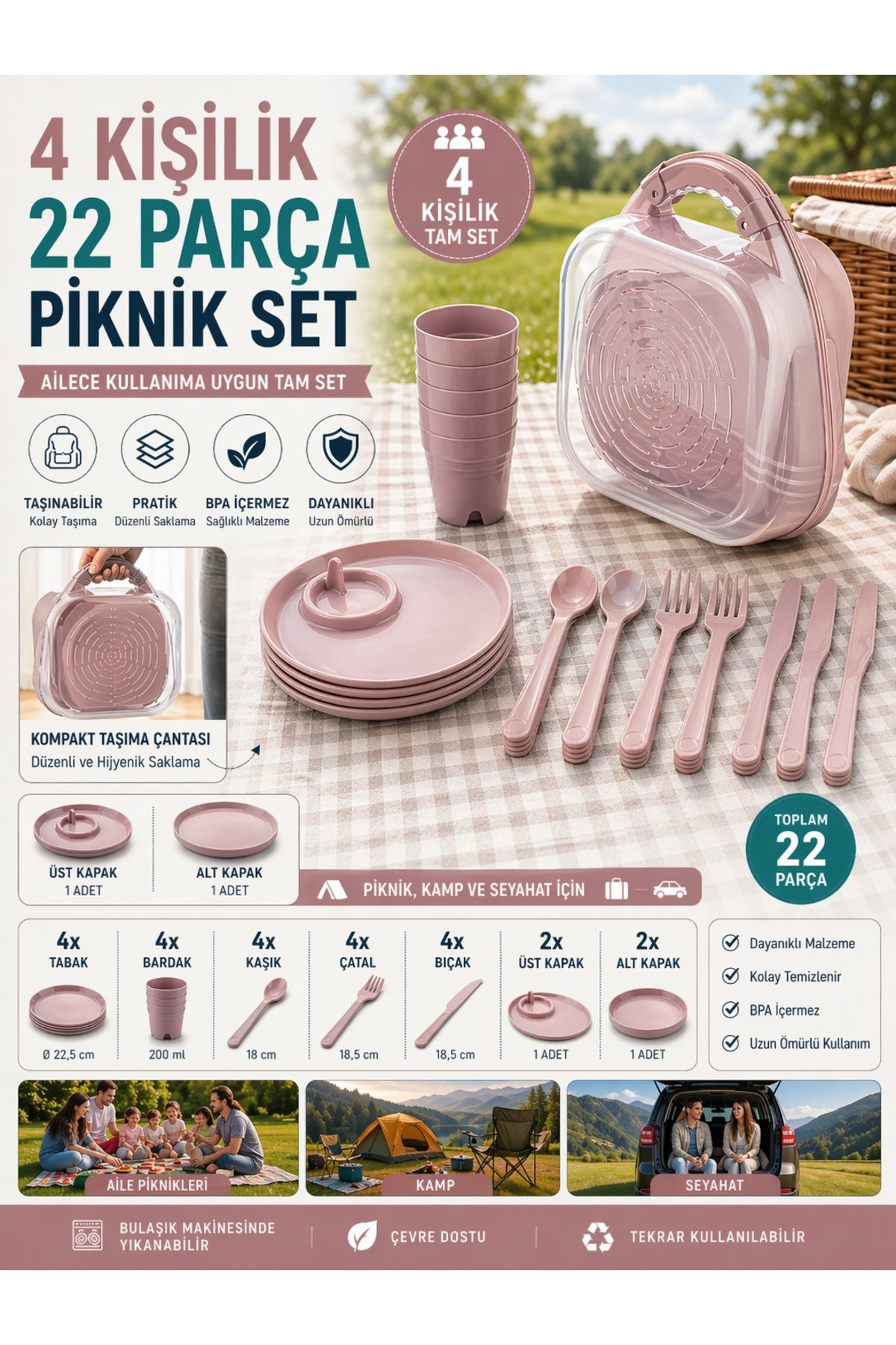 ミキ商品4セット m mienca 4 Kişilik Piknik Seti 22 Parça Taşınabilir Çantalı Kamp