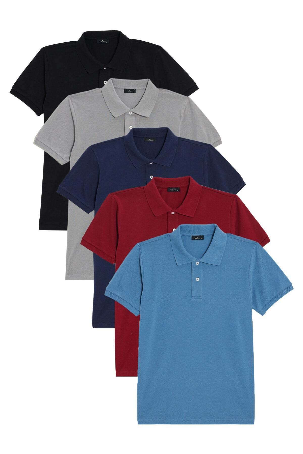 Men's 5-Pack Black-Gray - Navy Blue -Blue-Burgundy Slim Fit Slim Fit Cotton Plain Pique Polo Neck T-Shirt