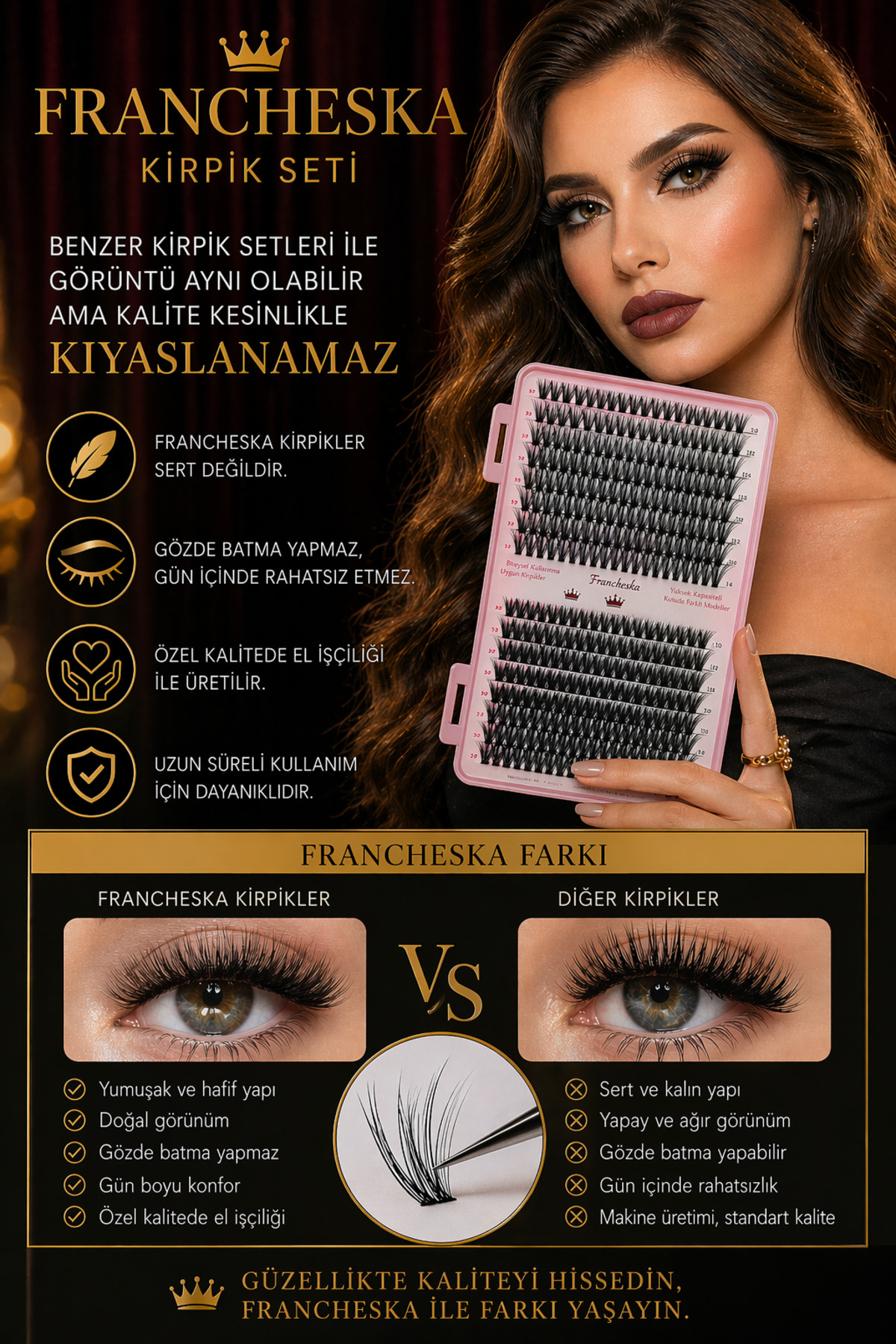 Yumuşak Kıl Takma Kirpik Seti 640 Demet | 30D 40D 50D 60D Mix | El Yapımı İpek Kirpik Demetleri + Cımbız & Uygulama Aparatları — FRNCHSKA-LUXSET1 — تصویر 9 از 9