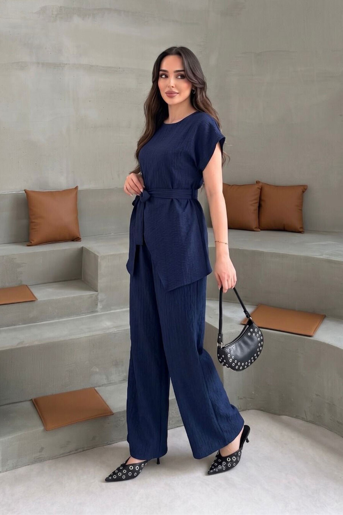 Navy Blue Asymmetrical Cut Belted Summer Fabric Bottom Top Set