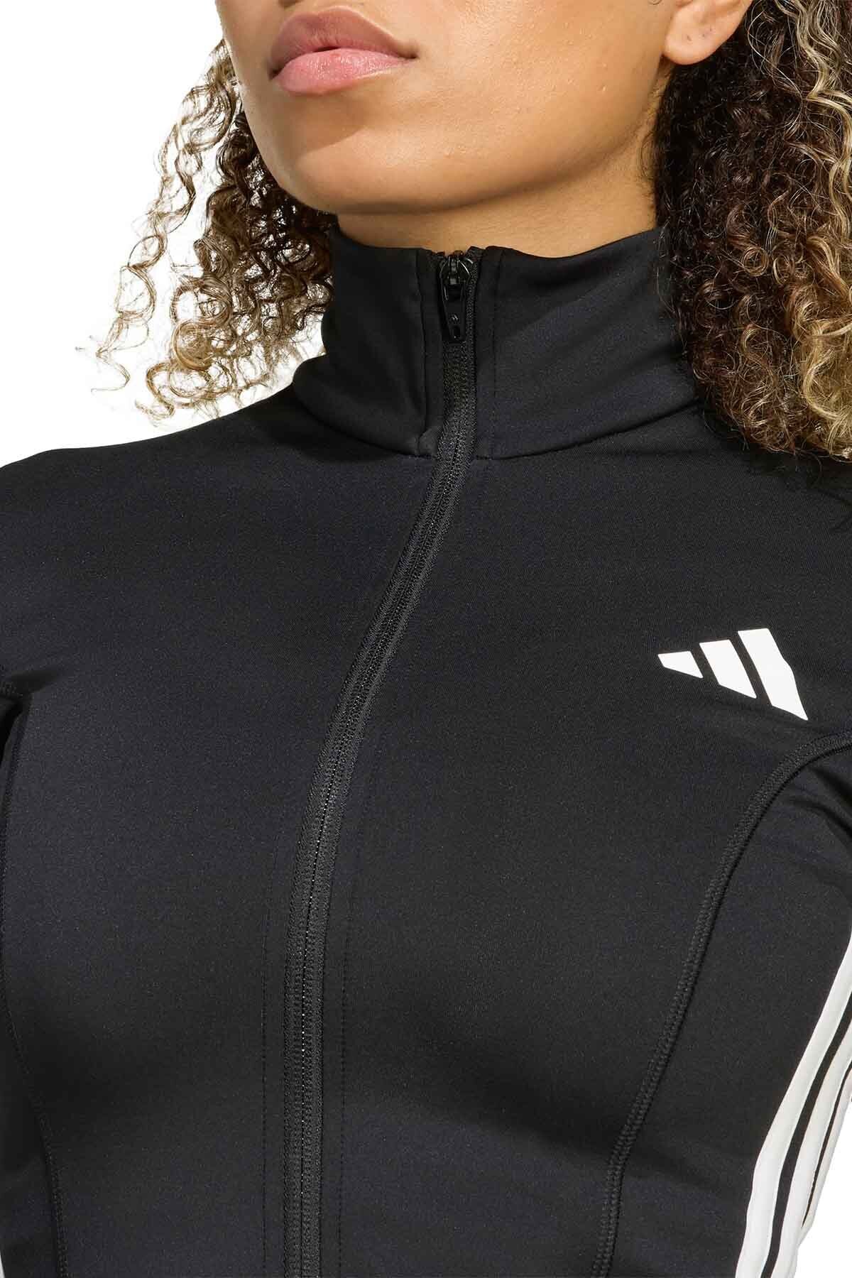 adidas WE JKT 3S BLACK/WHITE Siyah Kadın Fermuarlı Sweatshirt görsel 5