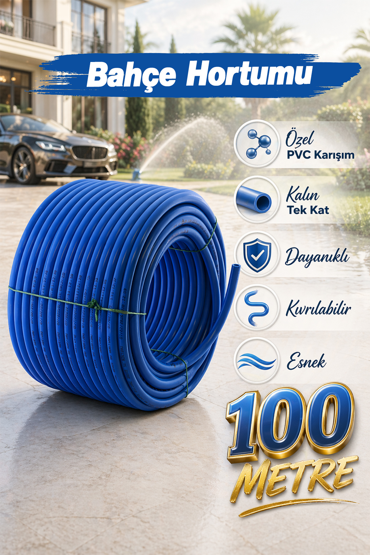 Badem10 (100 Metre) Süper Mavi PVC Bahçe Hortumu Ekstra Kalın Sağlam Su Sulama Yıkama Hortum 12.5 mm 1/2"
