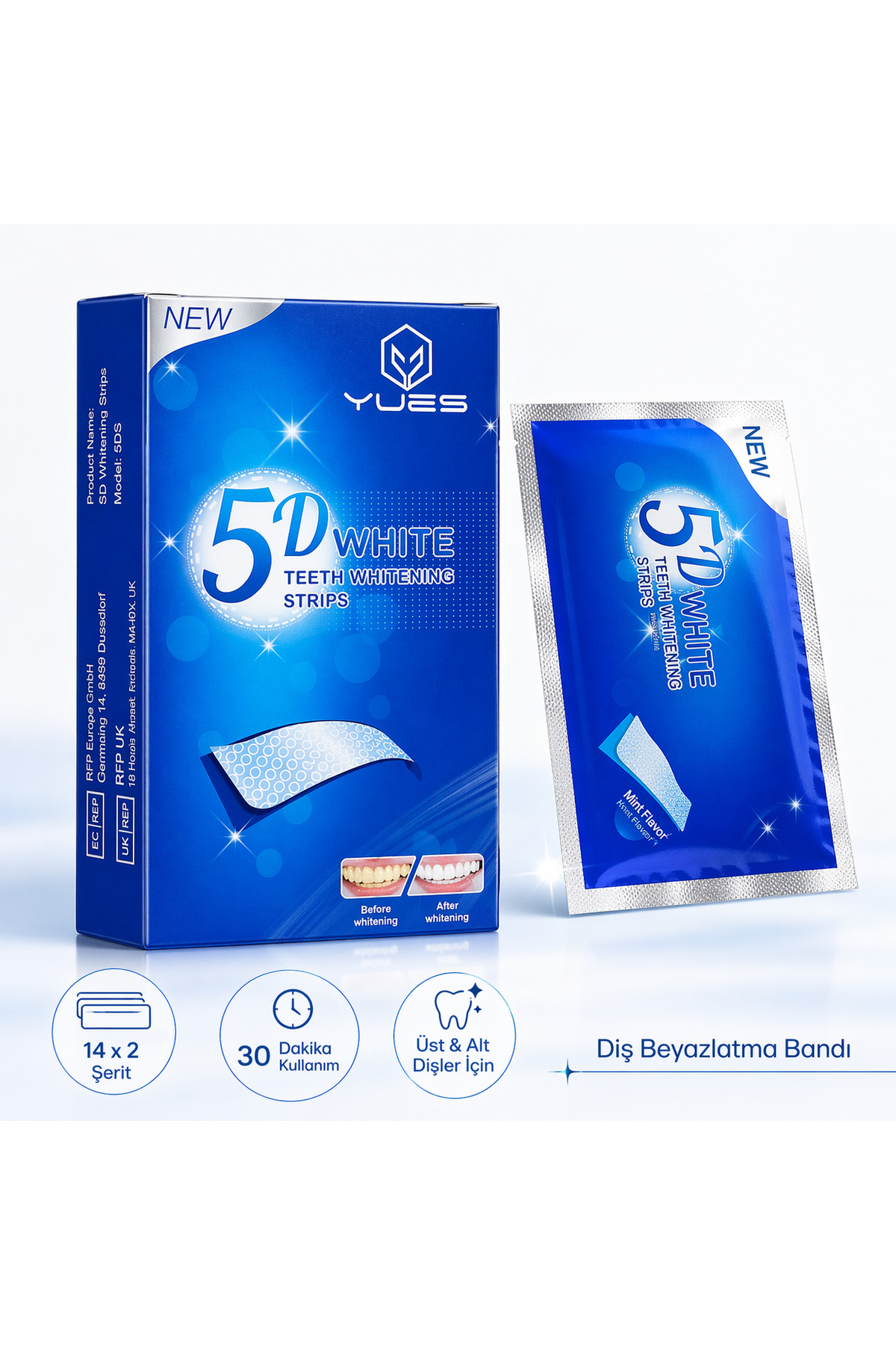 YUES 5D White Diş Beyazlatma Bandı 14 x 2 Strip 30 Dakika Kullanım Diş Beyazlatıcı Bant - Fiyatı, Yorumları
