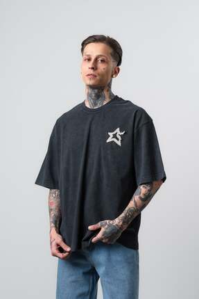 Respire Erkek Saint Nakışlı Yıkamalı Oversize T-Shirt Siyah