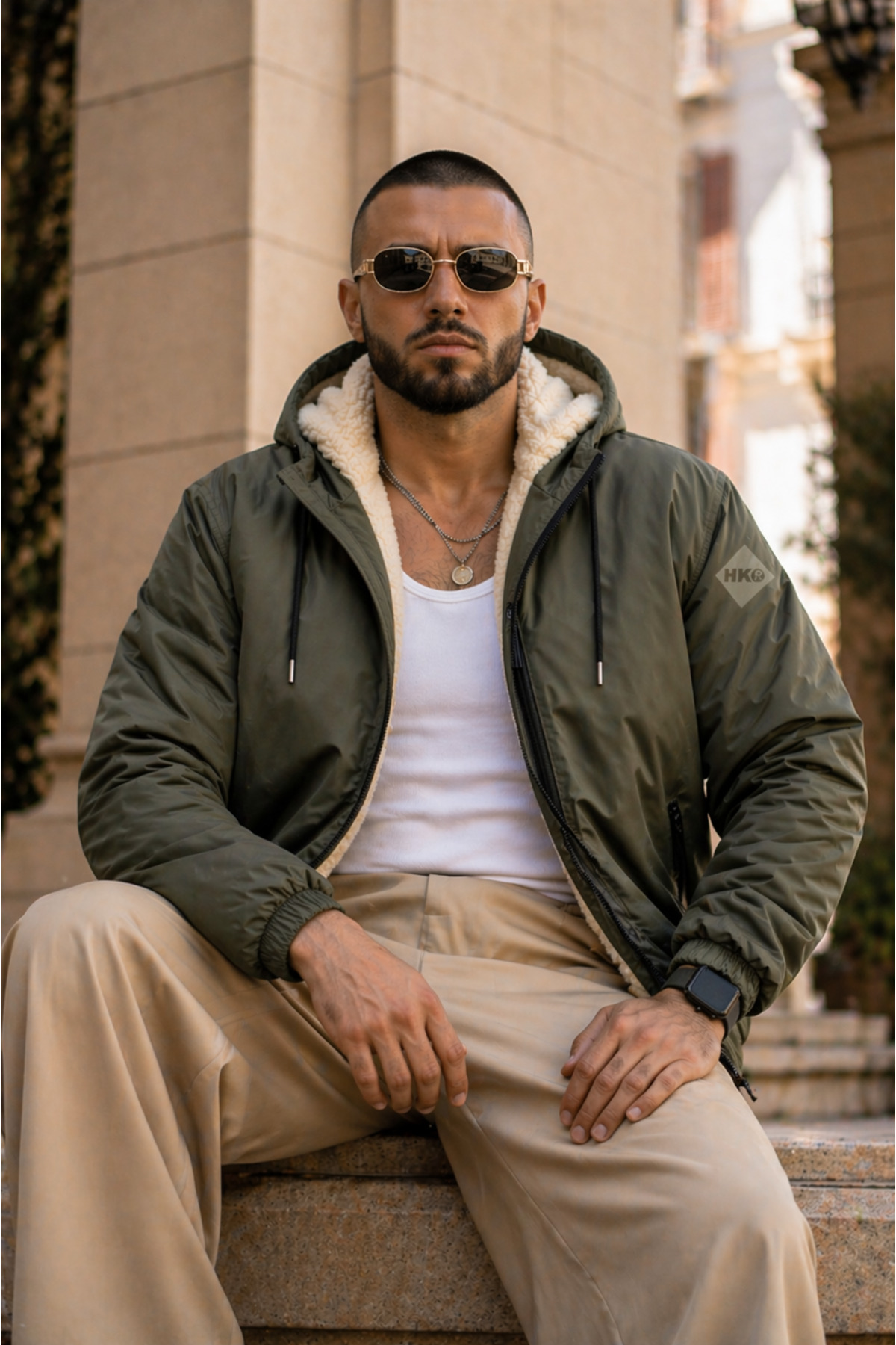 بارانی زمستانی کلاه‌دار مردانه ممتاز به رنگ خاکی با آستر خز — خاکی Hacker-1-FurLinedRaincoat — تصویر 4 از 6