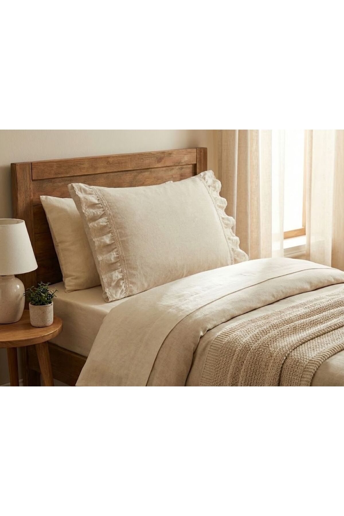 100% Cotton Lace Ruffle Detail Raw Linen 2-Piece Pillowcase Set 50x70 CM