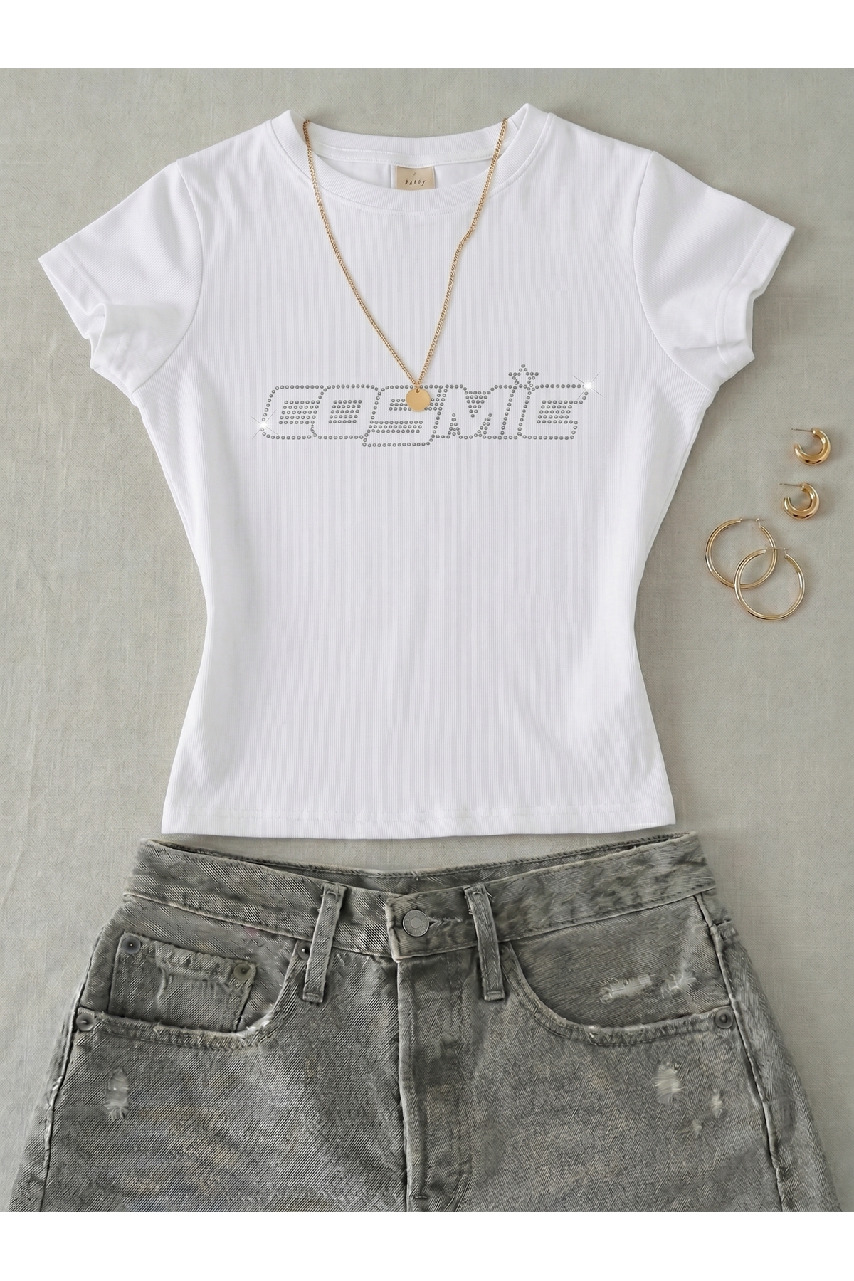 Women's Cosmic Printed Stone-Lycra Short Sleeve Body Tee Crop