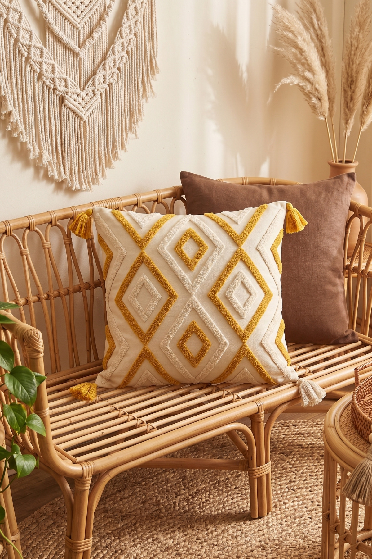 Bohemian Geometric Punch Embroidered Tassel Decorative Pillow Case 42x42cm Cotton Panama Linen