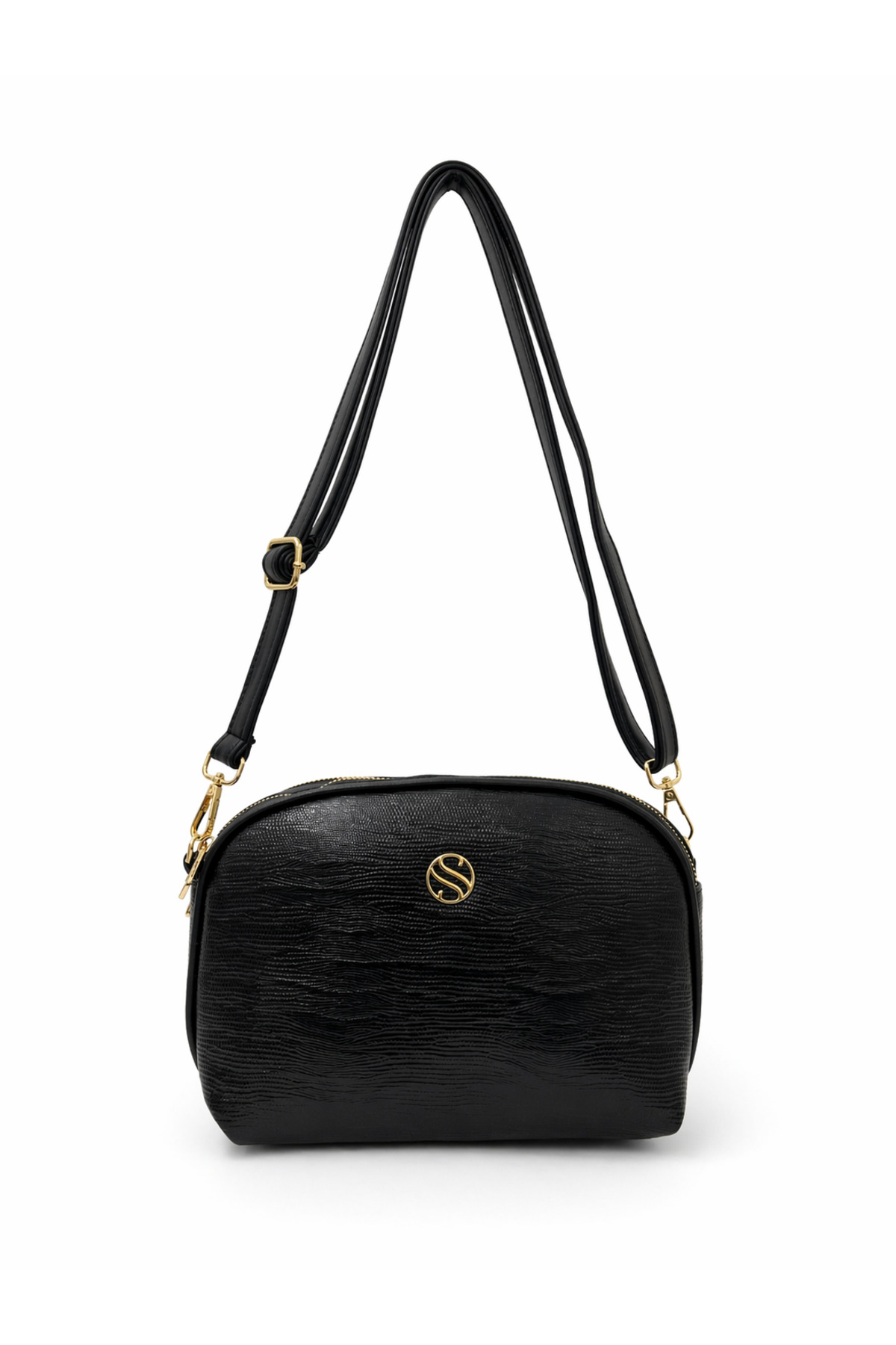 Women's Crossbody 3-Eye Double Metal Zipper Gold Accessory Shoulder Bag