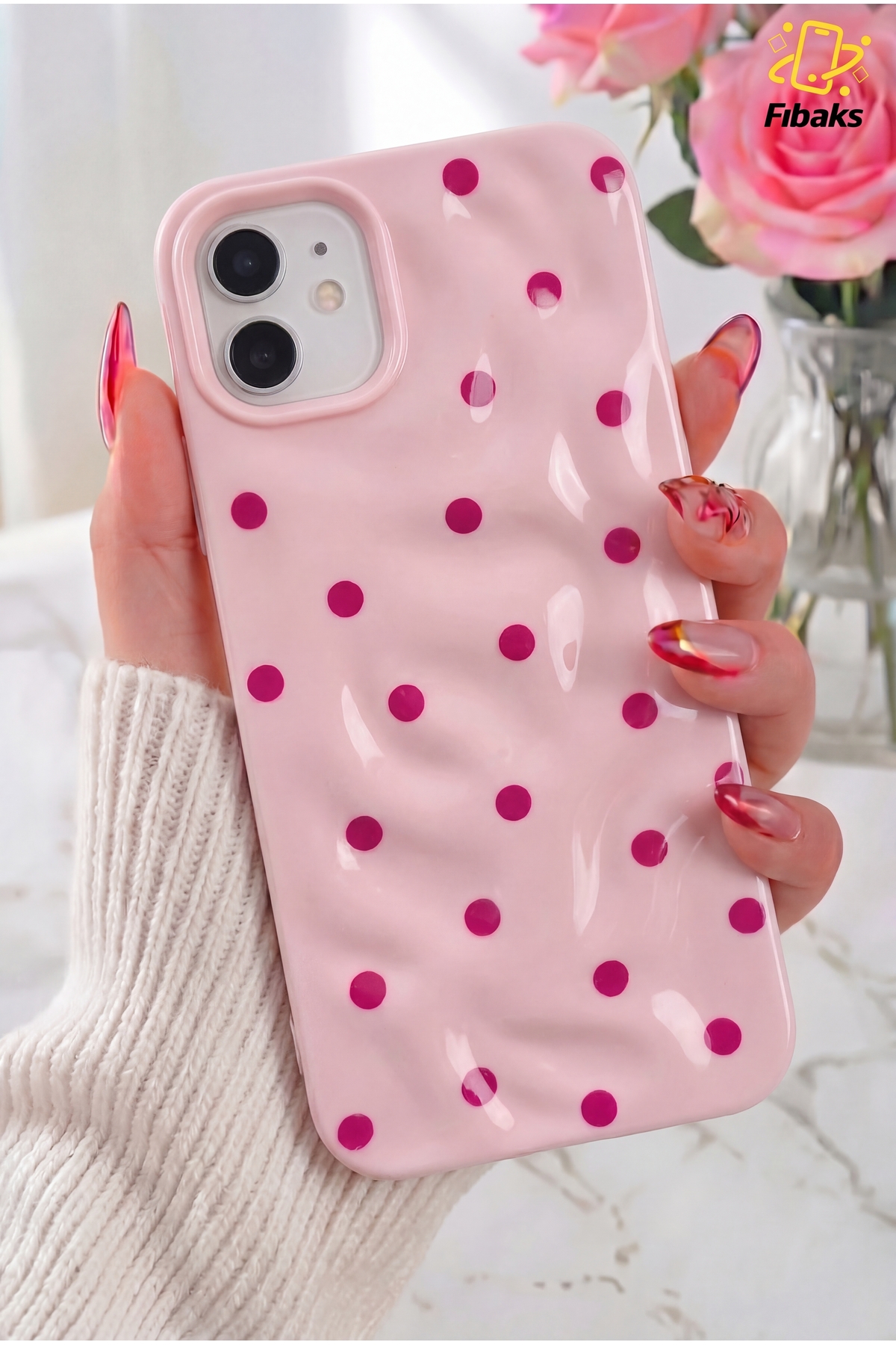 iPhone 11 Case Wavy Pattern Pink Polka Dot Silicone Stylish Design Phone Case