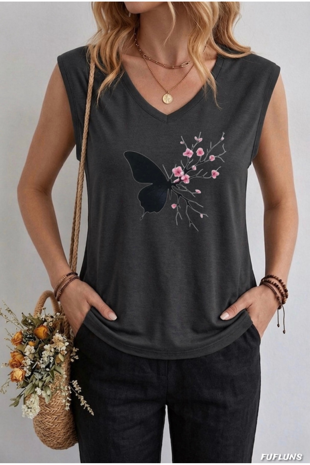 FUFLUNS  SAKURA ÇİÇEK BASKILI KADIN OVERSİZE KOLSUZ T-SHIRT