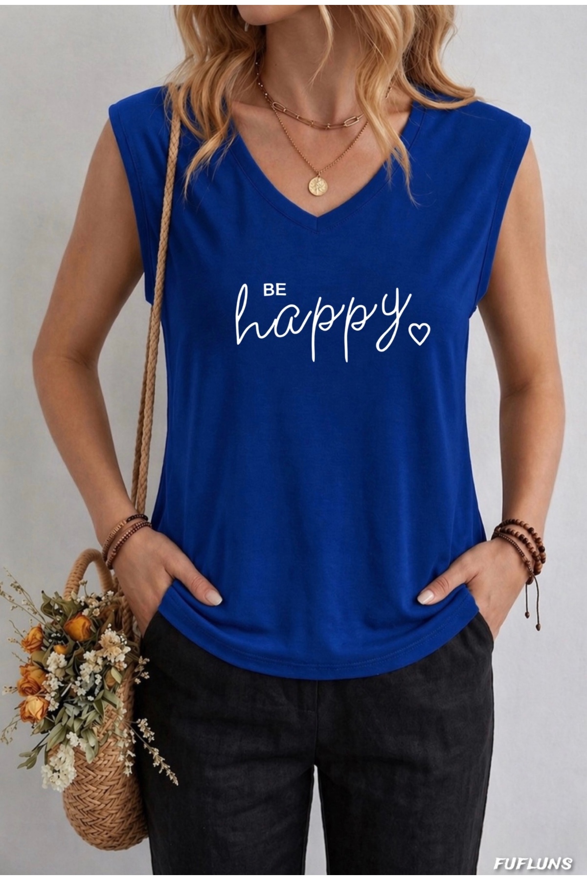 FUFLUNS BE HAPPY BASKILI KADIN OVERSİZE KOLSUZ T-SHIRT
