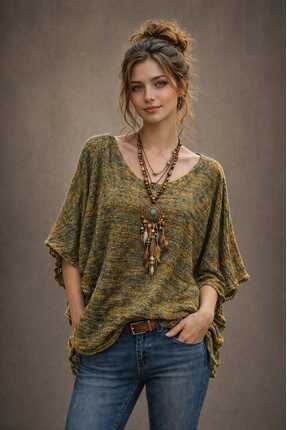 Boutique Juji BOHEM STİL OLİVE YEŞİL EFEKT MEVSİMLİK OVERSİZE SALAŞ KESİM BLUZ