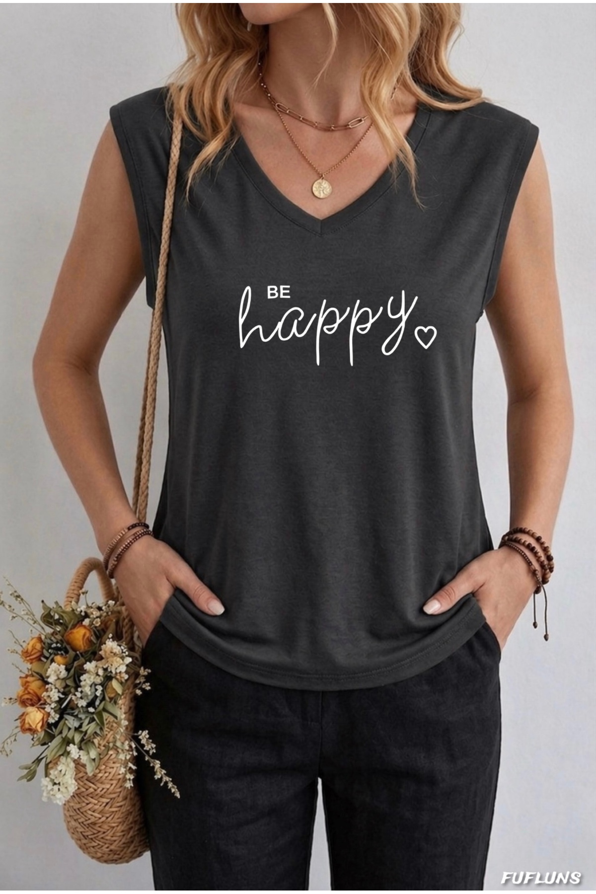 FUFLUNS BE HAPPY BASKILI KADIN OVERSİZE KOLSUZ T-SHIRT