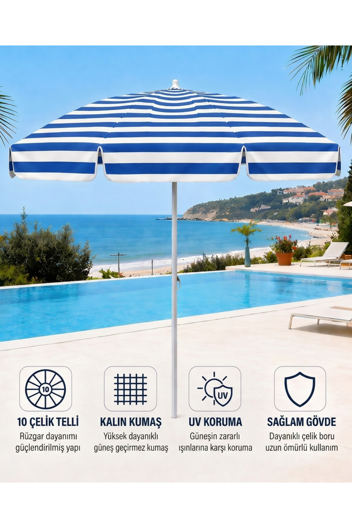 Beach Umbrella Balcony Garden Sun Umbrella 200cm 10 Strands UV Protection – Blue Stripe