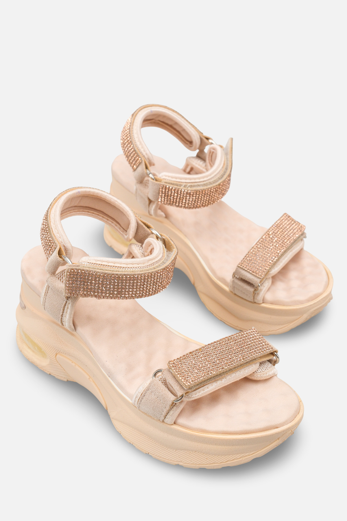 Women's Beige Rhinestone Casual Orthopedic Sole Comfortable Ergonomic Lightweight Adjustable Velcro Sandals