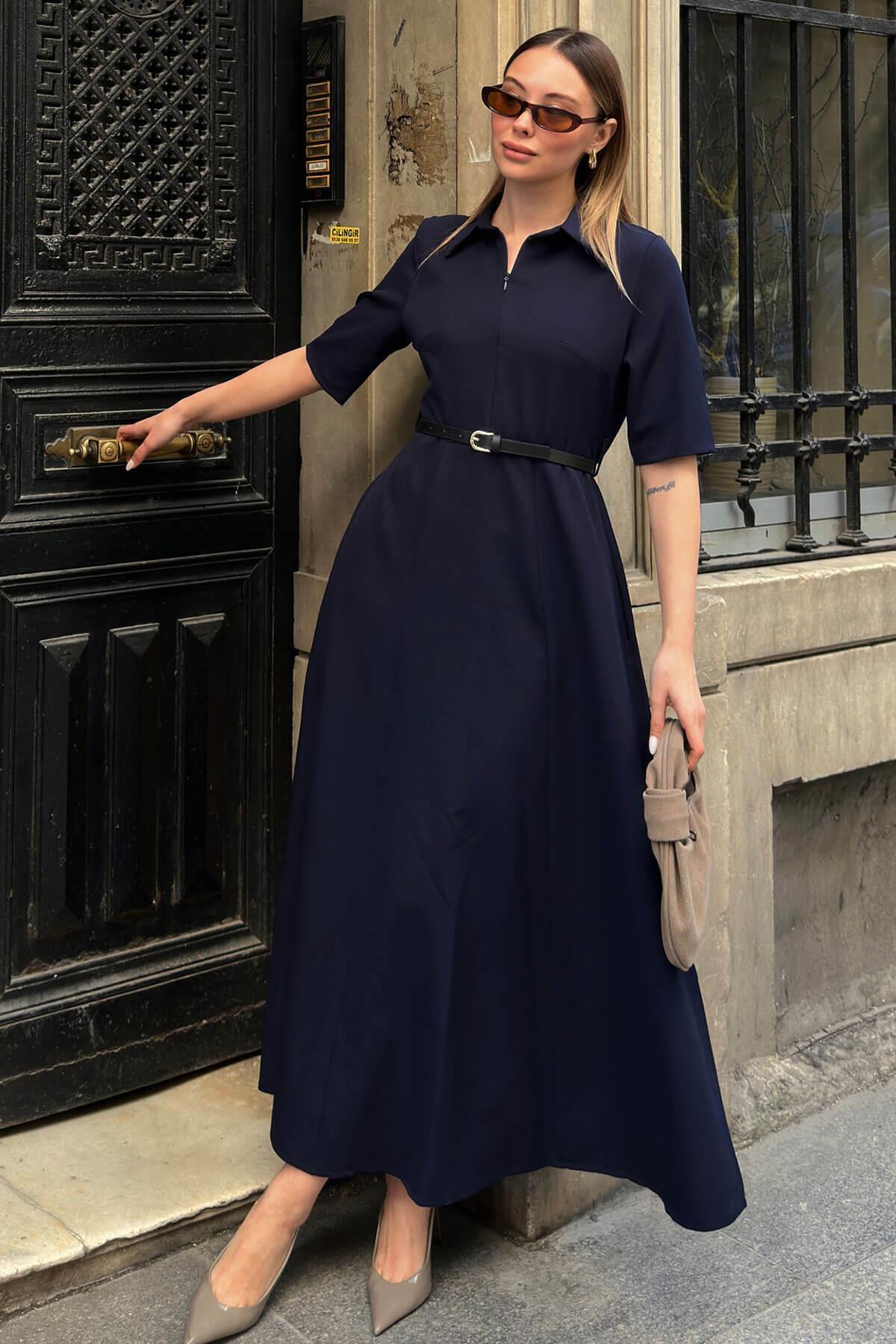 Swist Navy Blue Hidden Half-Zip Polo Collar Pocket Belted Women's Dress